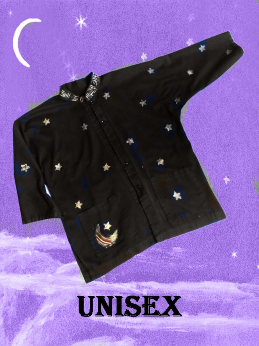 Vintage Black Jacket Chef Smock Moon & Stars Celestial OOAK Art Mens / Womens